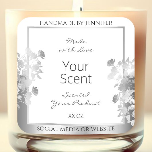 Klassisches weißes Blumenerzeugnis Etikett Silber Quadratischer Aufkleber