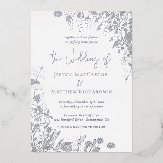 Klassisches Weißes Hochzeitsilber Folieneinladung (Vorderseite)