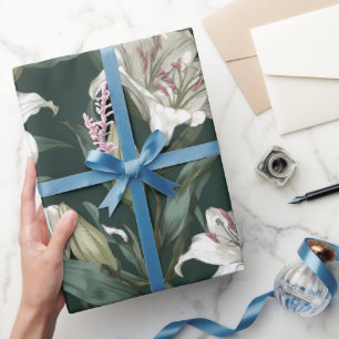 Klassisches Weißes Lily Grünes Blumenmuster Geschenkpapier