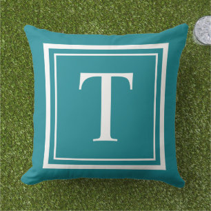 Klassisches weißes Teal-Quadratrahmen-Monogramm Kissen