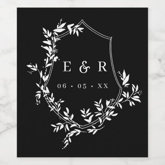 Klassisches Weißes Wappen auf Schwarz Monogramm Weinetikett (Einzelnes Label)