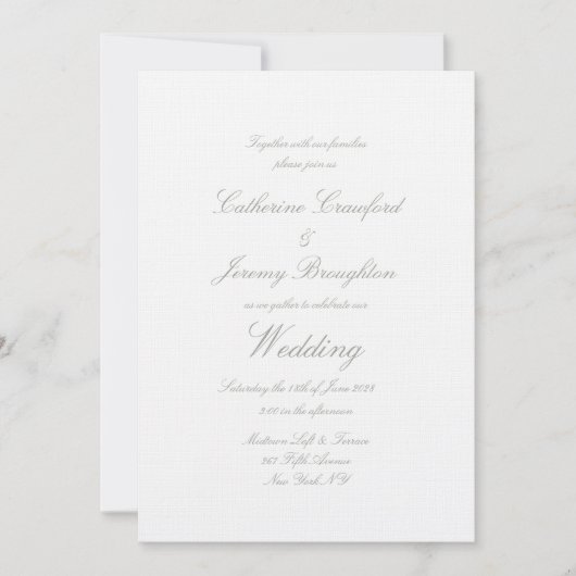 Klassisches White Linen Wedding Script Einladung (Vorderseite)