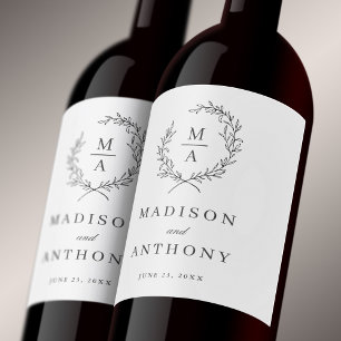 Klassisches White Simple Elegant Monogram Wedding Weinetikett