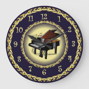 Klavier ~ Musikalische Schriftrolle ~ Gold/Navy Bl Große Wanduhr