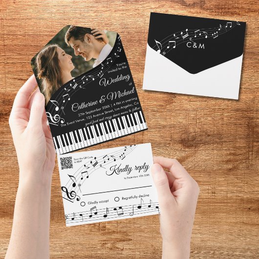 Klaviermusik Schwarz-Weiß-Foto QR-Code Hochzeit All In One Einladung