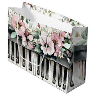 Klaviertasten & rosa Blumen große Geschenktasche Geschenktüte