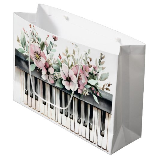 Klaviertasten & rosa Blumen Große Geschenktüte (Vorderseite Schrägansicht)