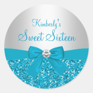 Kleber Blau Glitter Schleife Sweet Sixteen Runder Aufkleber