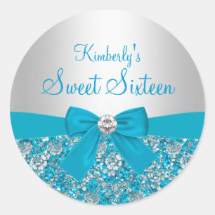 Kleber Blue Glitter & Bow Sweet Sixteen Runder Aufkleber
