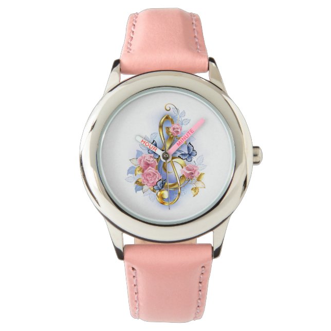 Kleber mit rosa Rosen Armbanduhr (Vorderseite)