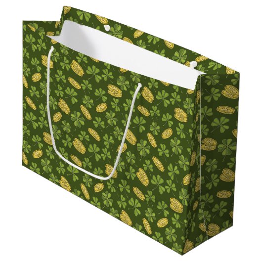 Klee-Blatt-u. Goldmünze-Muster Große Geschenktüte (Vorderseite Schrägansicht)