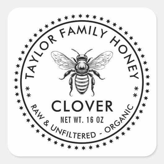 Klee Honigetikett mit Honigbiene Quadratischer Aufkleber (Vorderseite)