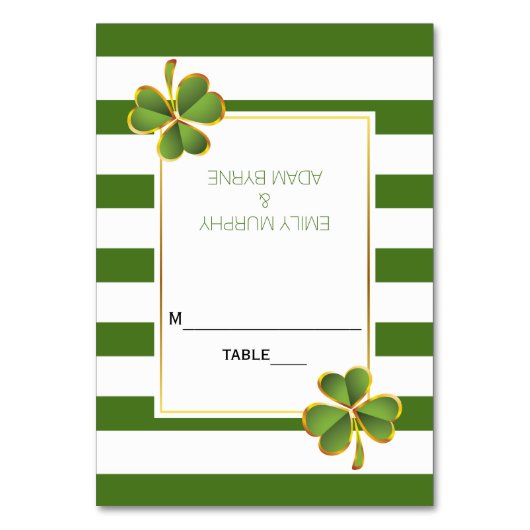 Klee und grüne Streifen Irish Hochzeitsbegleitkart Tischnummer (Vorderseite)