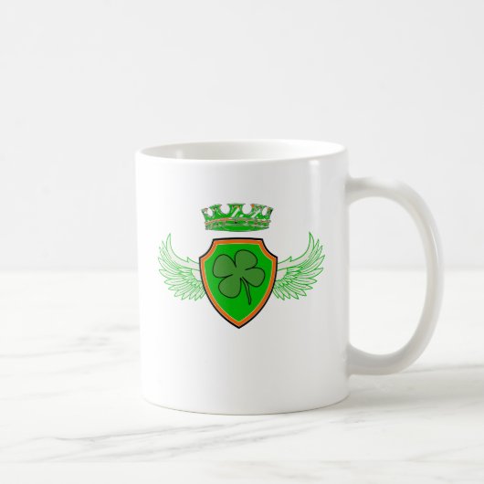 Kleeblatt auf Schild mit Flügeln und Krone Kaffeetasse (Rechts)