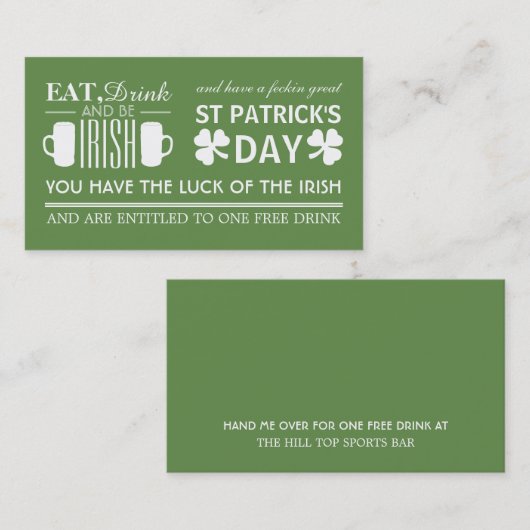 Kleeblatt & Beer Irish St Patrick's Drinks Ticket (Vorne/Hinten)