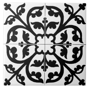 Kleeblatt-Blumen-Florales-Abstrakt Schwarz & Weiß Fliese