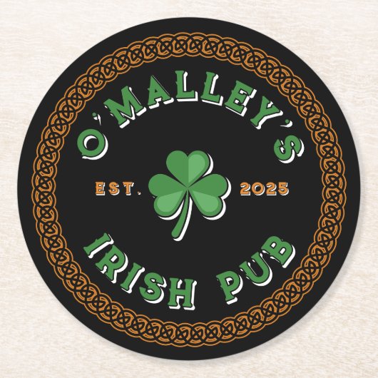 Kleeblatt Celtic Knot Border Irish Pub Runder Pappuntersetzer (Vorderseite)