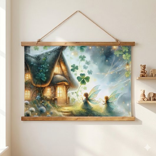 Kleeblatt-Feenglühhaus Wandteppich Mit Holzrahmen