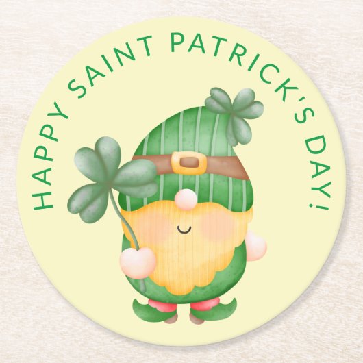 Kleeblatt Gnome Happy Saint Patrick's Day Runder Pappuntersetzer (Vorderseite)