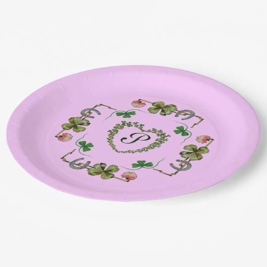 KLEEBLATT HERZ, BLUME, GRÜNES BLUMENMONOGRAMM Rosa Pappteller (Schrägansicht)