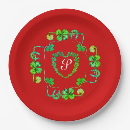 KLEEBLATT HERZ, BLUME, GRÜNES BLUMENMONOGRAMM Rot Pappteller (Vorderseite)