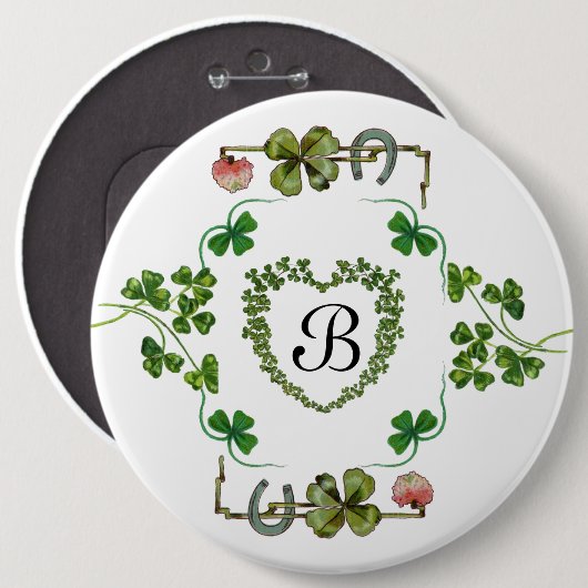KLEEBLATT HERZ, BLUME, GRÜNES BLUMENMONOGRAMM weiß Button (Vorne & Hinten)