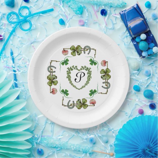 KLEEBLATT HERZ, BLUME, GRÜNES BLUMENMONOGRAMM weiß Pappteller (Party)