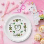 KLEEBLATT HERZ, BLUME, GRÜNES BLUMENMONOGRAMM weiß Pappteller (Party)