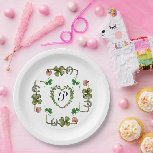 KLEEBLATT HERZ, BLUME, GRÜNES BLUMENMONOGRAMM weiß Pappteller (Party)