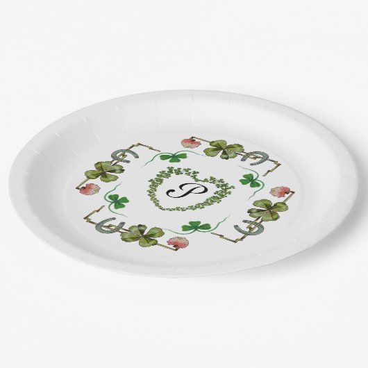 KLEEBLATT HERZ, BLUME, GRÜNES BLUMENMONOGRAMM weiß Pappteller (Schrägansicht)