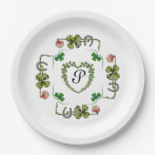 KLEEBLATT HERZ, BLUME, GRÜNES BLUMENMONOGRAMM weiß Pappteller (Vorderseite)