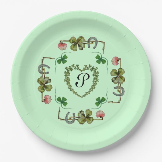 KLEEBLATT HERZ, PINK-BLUME, GRÜNES BLUMENMONOGRAMM PAPPTELLER (Vorderseite)