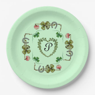 KLEEBLATT-HERZ, ROSA BLUMEN, GRÜNES BLUMENMONOGRAM PAPPTELLER