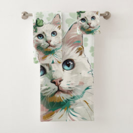 Kleeblatt Katze mit blauen Augen Badhandtuch Set