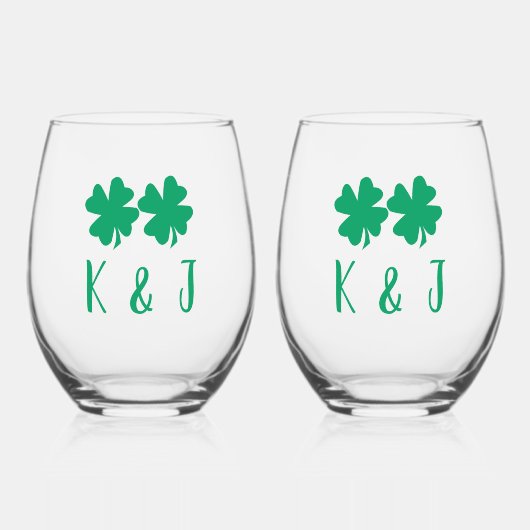 Kleeblatt Leaf Monogram St Patrick's Day Geschenk Weinglas Ohne Stiel (Vorderseite)