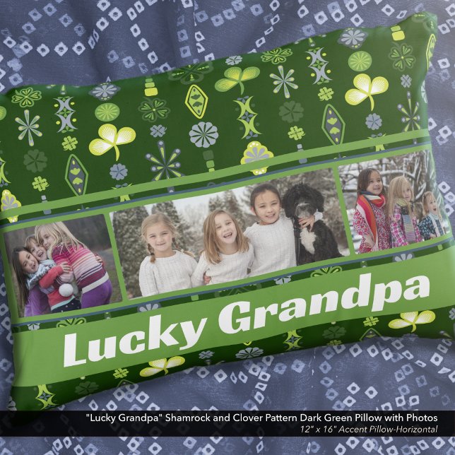 Kleeblatt "Lucky Grandpa" dunkelgrünes Foto Dekokissen ("Lucky Grandpa" Shamrock and Clover Dark Green Pattern Pillow: Personalize with six different photos)