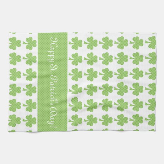Kleeblatt Polka dot St Patrick Day Ihr Text weiß Geschirrtuch (Horizontal)