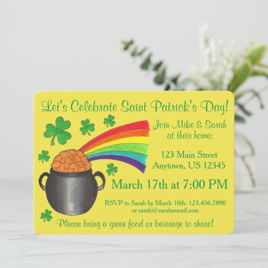 Kleeblatt Pot of Gold Rainbow St. Patrick's Day Einladung (Stehend Vorderseite)