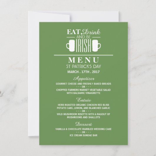 Kleeblatt und Bier Irish St Patrick's Day Menu Einladung (Vorderseite)