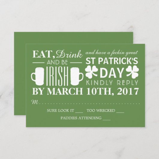 Kleeblatt und Bier Irish St Patrick's Day UAWG RSVP Karte (Vorne/Hinten)