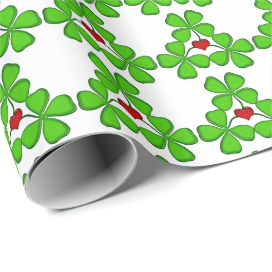 Kleeblatt, vierblättrige Kleeblatten und Herz-Gesc Geschenkpapier (Rolleneckpunkt)