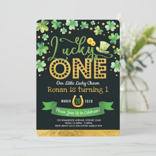 Kleeblatt zum 1. Geburtstag Einladung (Stehend Vorderseite)