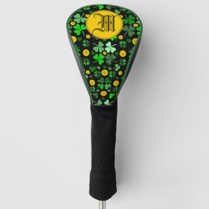 Kleeblätter und Goldmünzen auf Schwarz zum Persona Golf Headcover