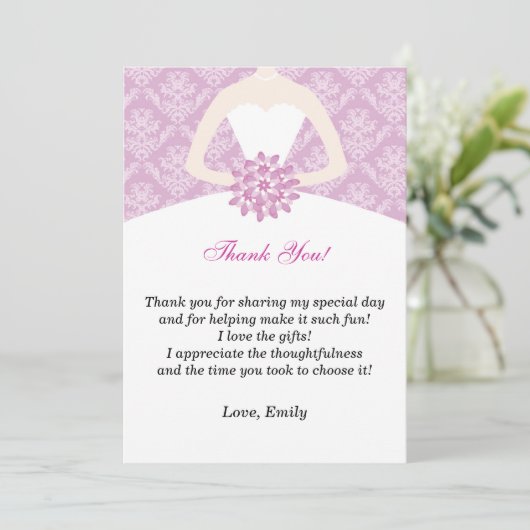 Kleid danken Ihnen, Brautparty-Flieder-Damast zu Dankeskarte (Stehend Vorderseite)