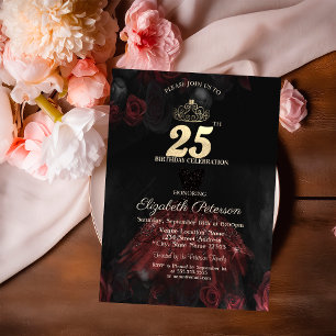 Kleid, Diadem, rote Rosen 25. Geburtstag Einladung