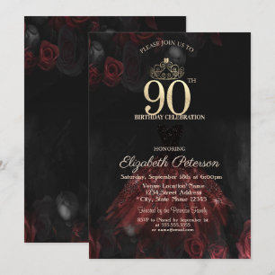 Kleid, Diadem, rote Rosen 90. Geburtstag Einladung