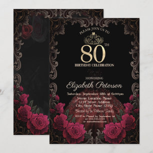 Kleid, Diadem, rote Rosen gotischer Rahmen 80. Geb Einladung