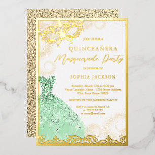 Kleid Gold Grün Maskerade Party Quinceanera Folieneinladung