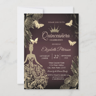 Kleid, Goldene Schmetterlinge Blumen Dunkle Quince Einladung