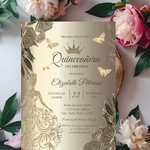 Kleid, Goldene Schmetterlinge Blumen Gold Quinceañ Einladung